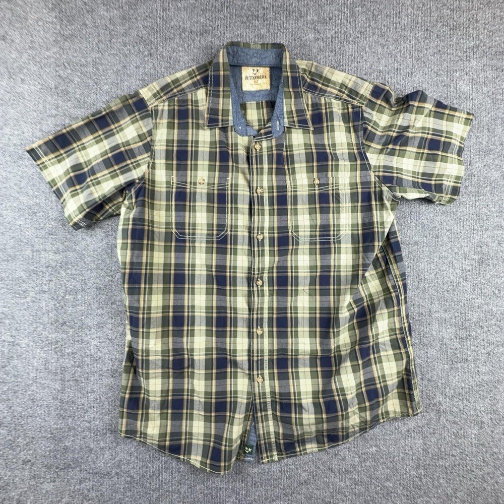 Outdoor Life Shirt Mens XLT Green Plaid‎ Short Sleeve Button Up Casual Outdoors